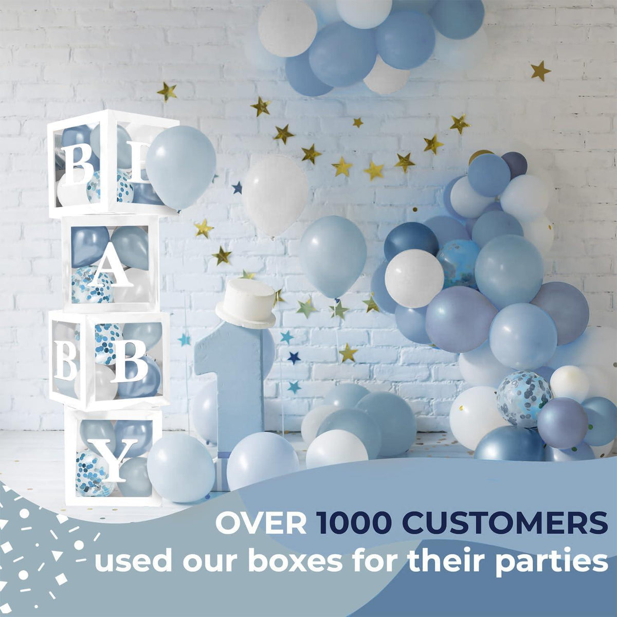 Corner party display with white letter boxes, blue balloons, and gold star accents