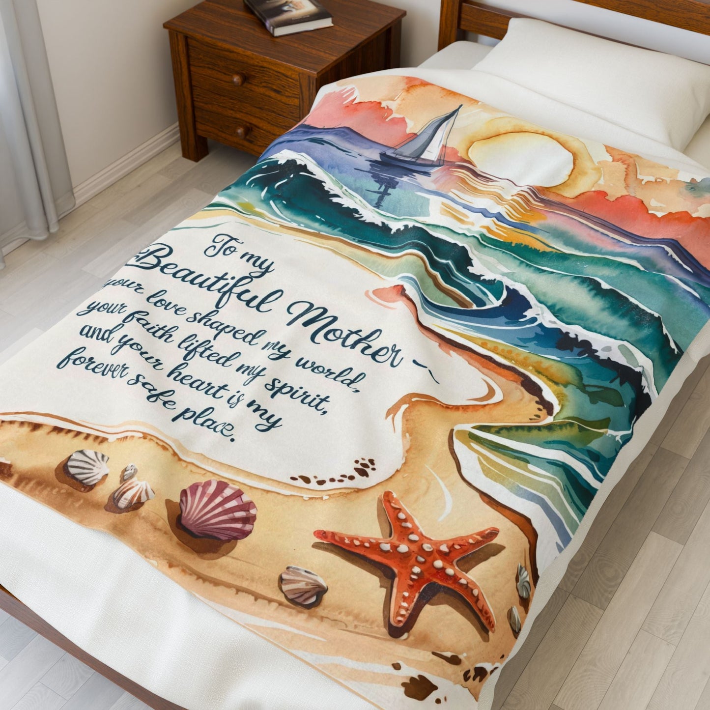 To My Beautiful Mother Velveteen Plush Blanket – Ocean Sunset Watercolour Beach Scene | Your Love Shaped My World | 3 Sizes | Gift for Mom