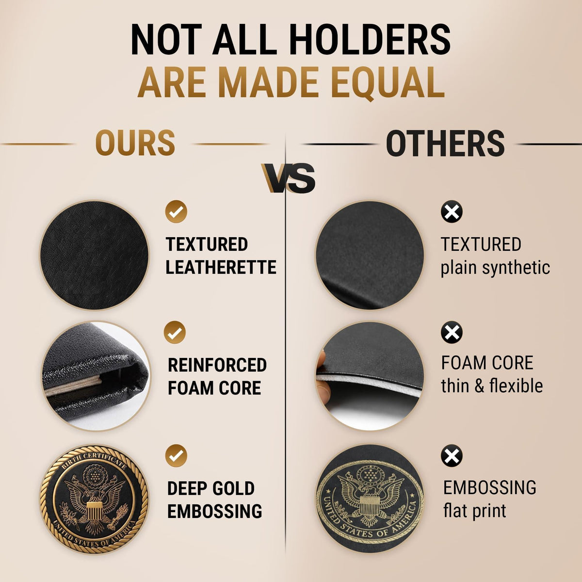 Black textured leatherette birth certificate holder with gold embossed seal