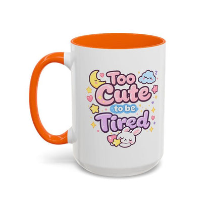 Kawaii bunny mug, white ceramic with orange rim and handle; cute bunny and text graphic