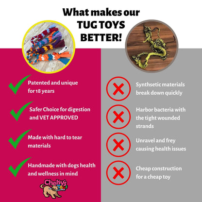 Dog tug toy safety comparison graphic highlighting hard-to-tear, safer materials