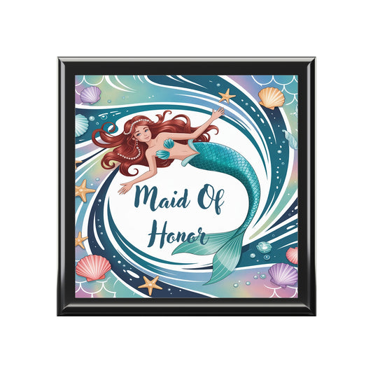 Mermaid Maid of Honor Jewelry Box – Illustrated Mermaid Keepsake Box | Rubberwood | Ebony Black, Golden Oak or Red Mahogany | Beach Wedding Bridal Gift