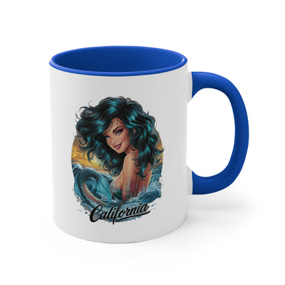 Blue handle ceramic mug with teal mermaid graphic and 'California' script