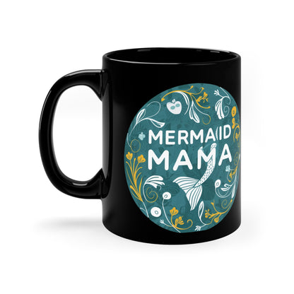 Mermaid Mama Black Coffee Mug – Teal Botanical Badge Design | 11oz | Bold Mermaid Mom Gift