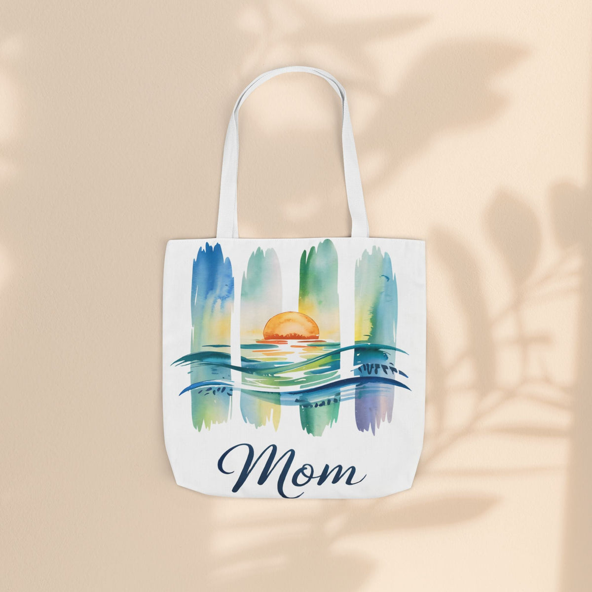 Mom Ocean Sunset Canvas Tote Bag – Watercolour Triptych Design | Polyester Canvas | 3 Sizes × 5 Strap Colours | Gift for Mom