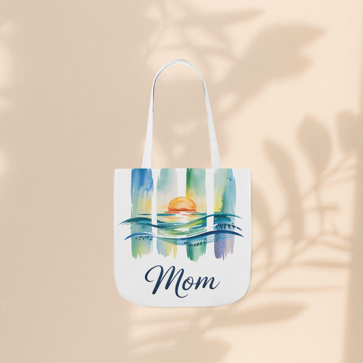 Mom Ocean Sunset Canvas Tote Bag – Watercolour Triptych Design | Polyester Canvas | 3 Sizes × 5 Strap Colours | Gift for Mom