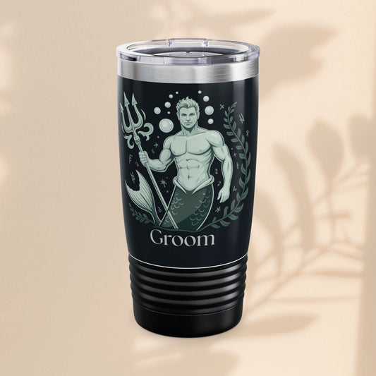 20oz insulated tumbler in dark teal with mermaid graphic and “Groom” text, clear lid