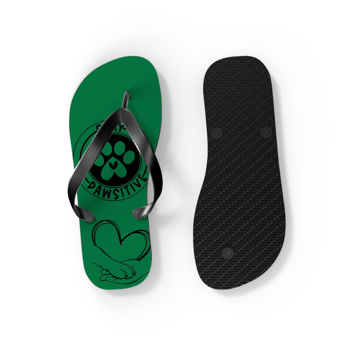 Green flip-flops showing black textured outsole and paw graphic on the green top