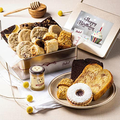 Gift tin with assorted pastries, honey jar, and Happy Birthday card