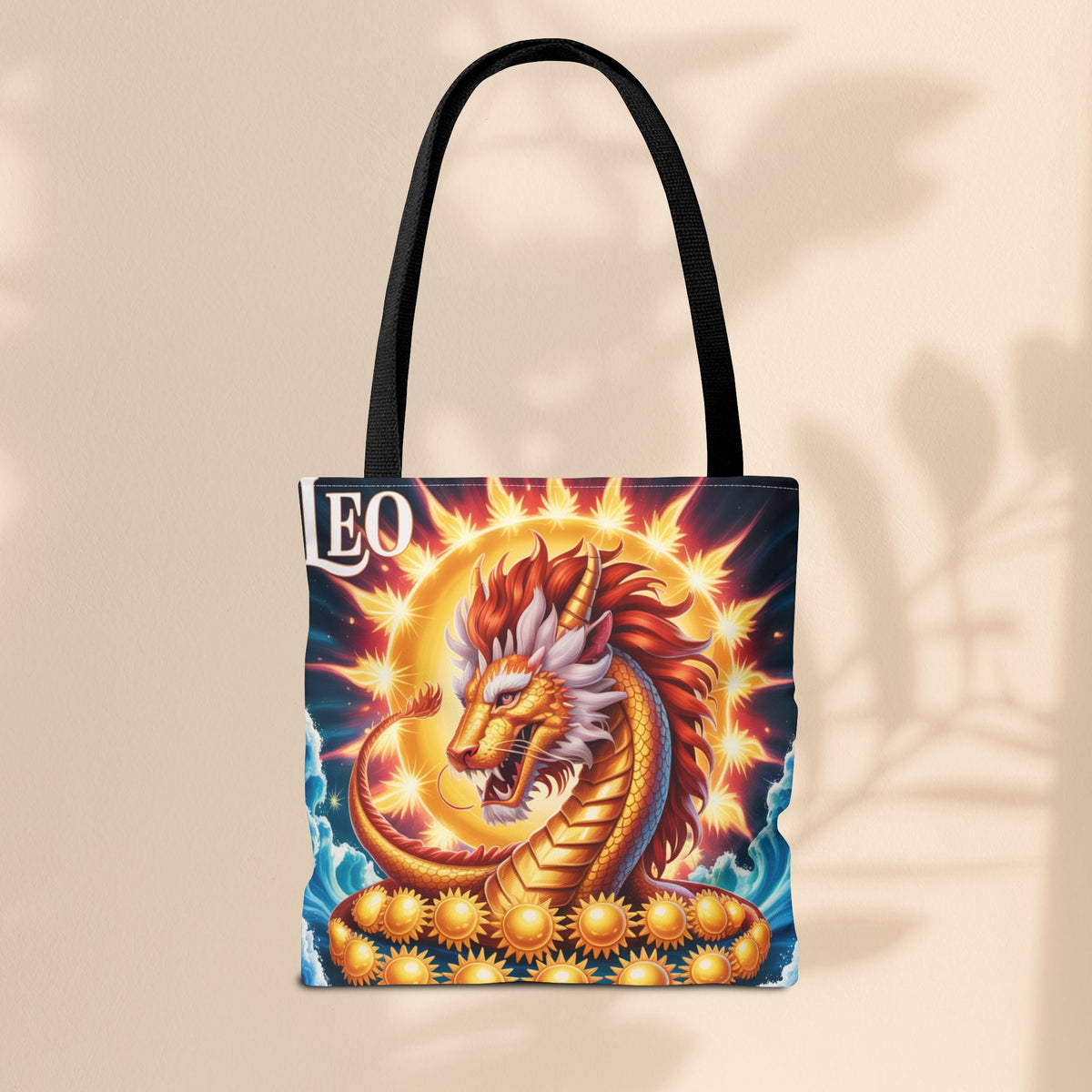 Leo Zodiac Tote Bag – Golden Dragon Sun Celestial Art | 3 Sizes | 5 Handle Colours | Leo Birthday Gift & Astrology Bag