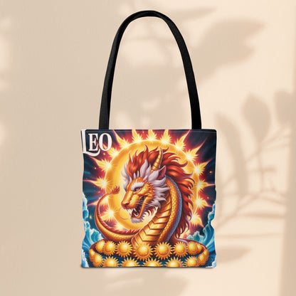 Leo Zodiac Tote Bag – Golden Dragon Sun Celestial Art | 3 Sizes | 5 Handle Colours | Leo Birthday Gift & Astrology Bag