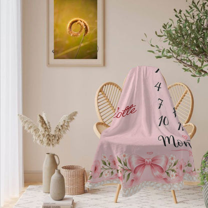 Pink round baby milestone blanket with floral design, numbers 4, 7, 10 and name Charlotte