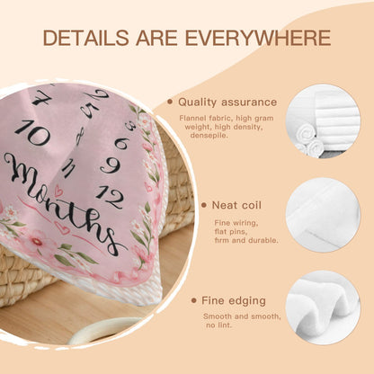 Pink round milestone blanket close-up with floral trim, name Charlotte and stitched edging
