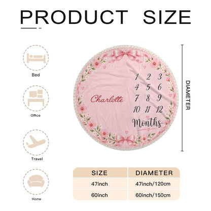 Round pink milestone blanket with floral trim, name Charlotte and months numbers 1-12