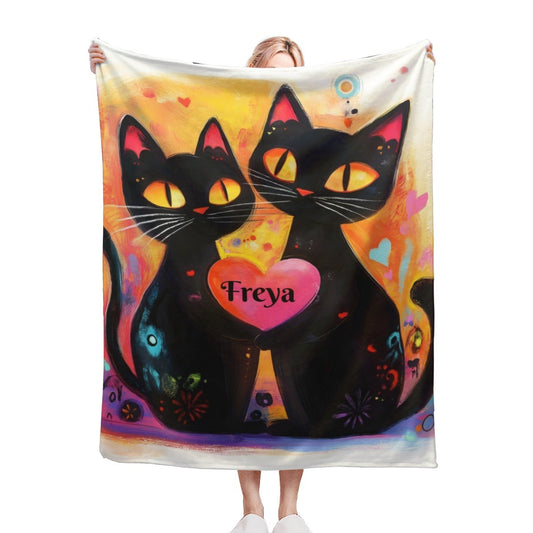Personalised cat heart blanket with two black cats and pink heart, name Freya