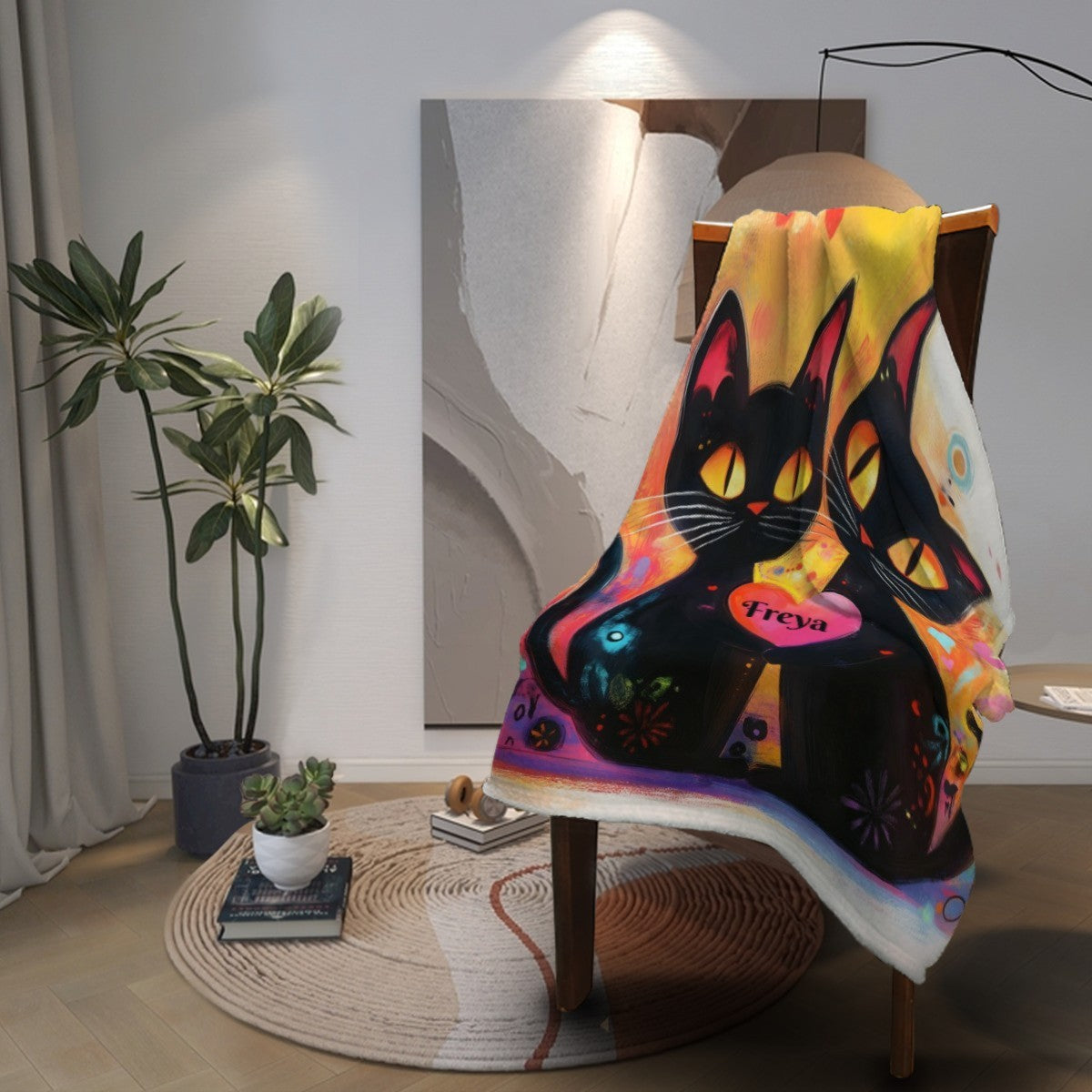 Custom cat blanket draped over furniture, two black cats and pink heart, Freya