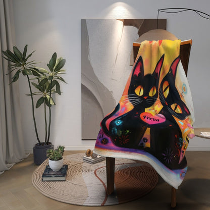 Custom cat blanket draped over furniture, two black cats and pink heart, Freya