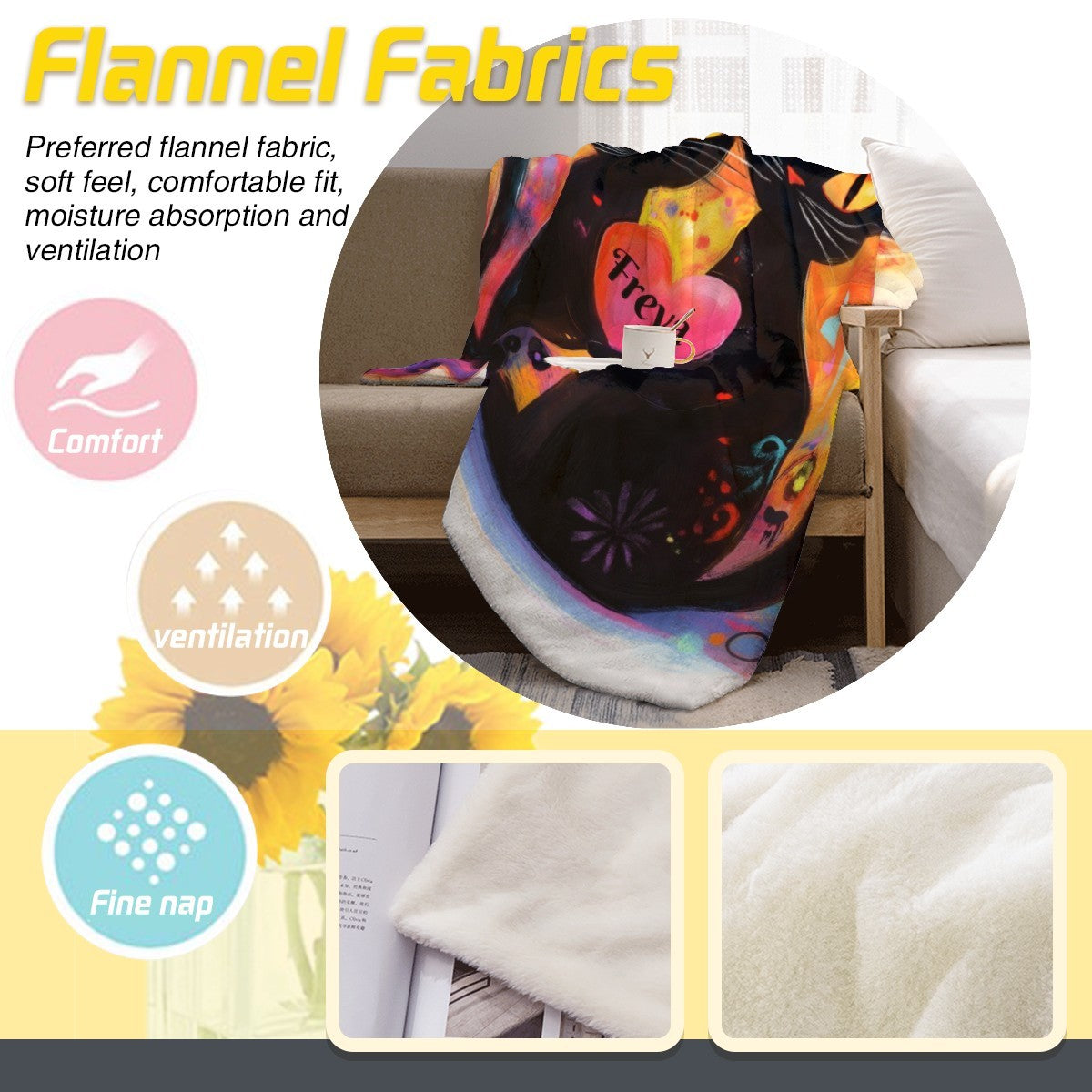 Flannel cat blanket with two black cats, pink heart, and name Freya on bed