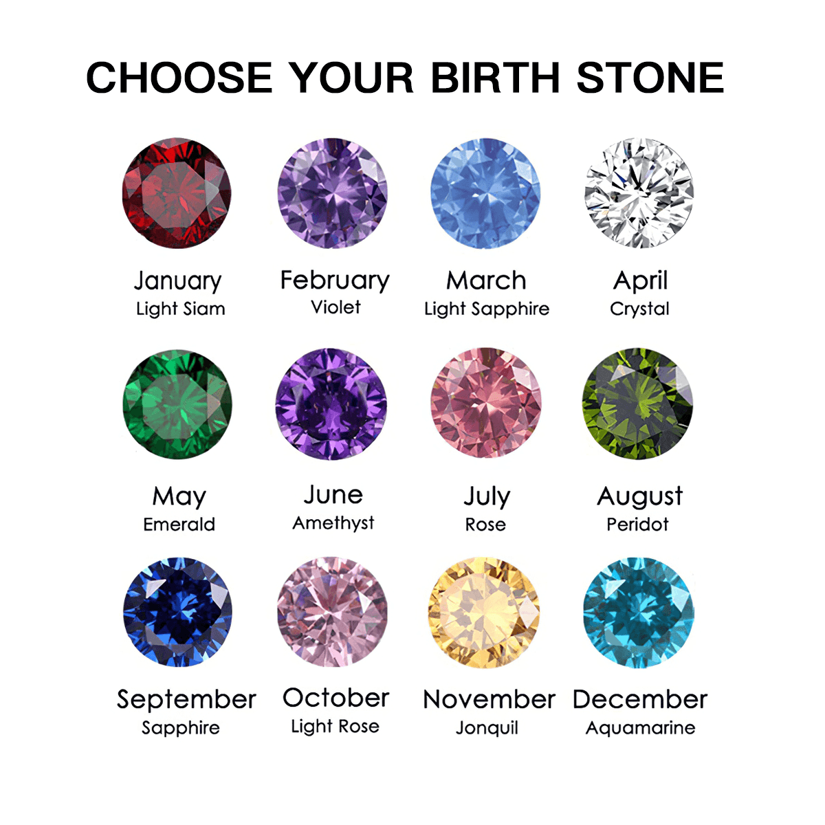 Birthstone gemstone chart for the unicorn necklace: January–December options