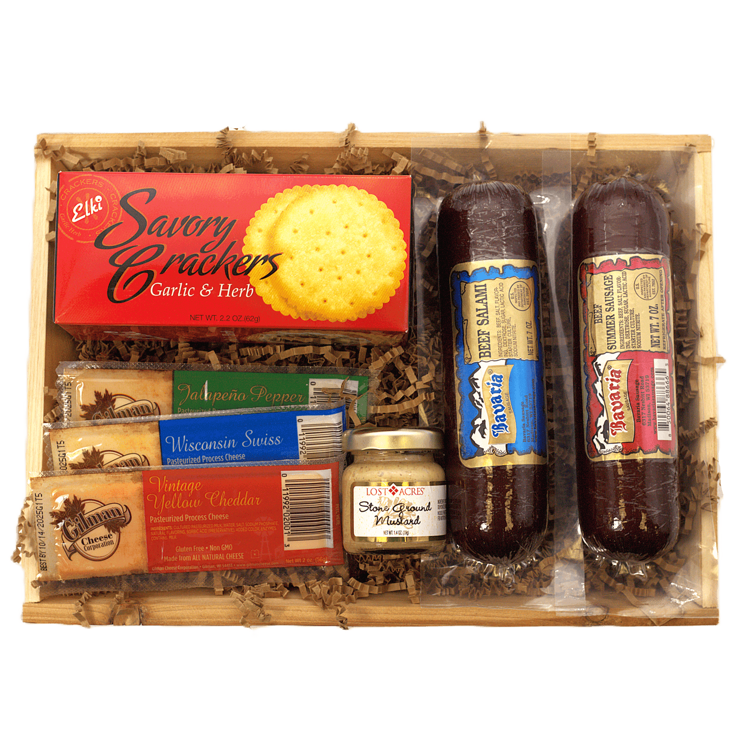 Rustic wooden meat and cheese gift crate with crackers, cheese boxes, and salami bottles