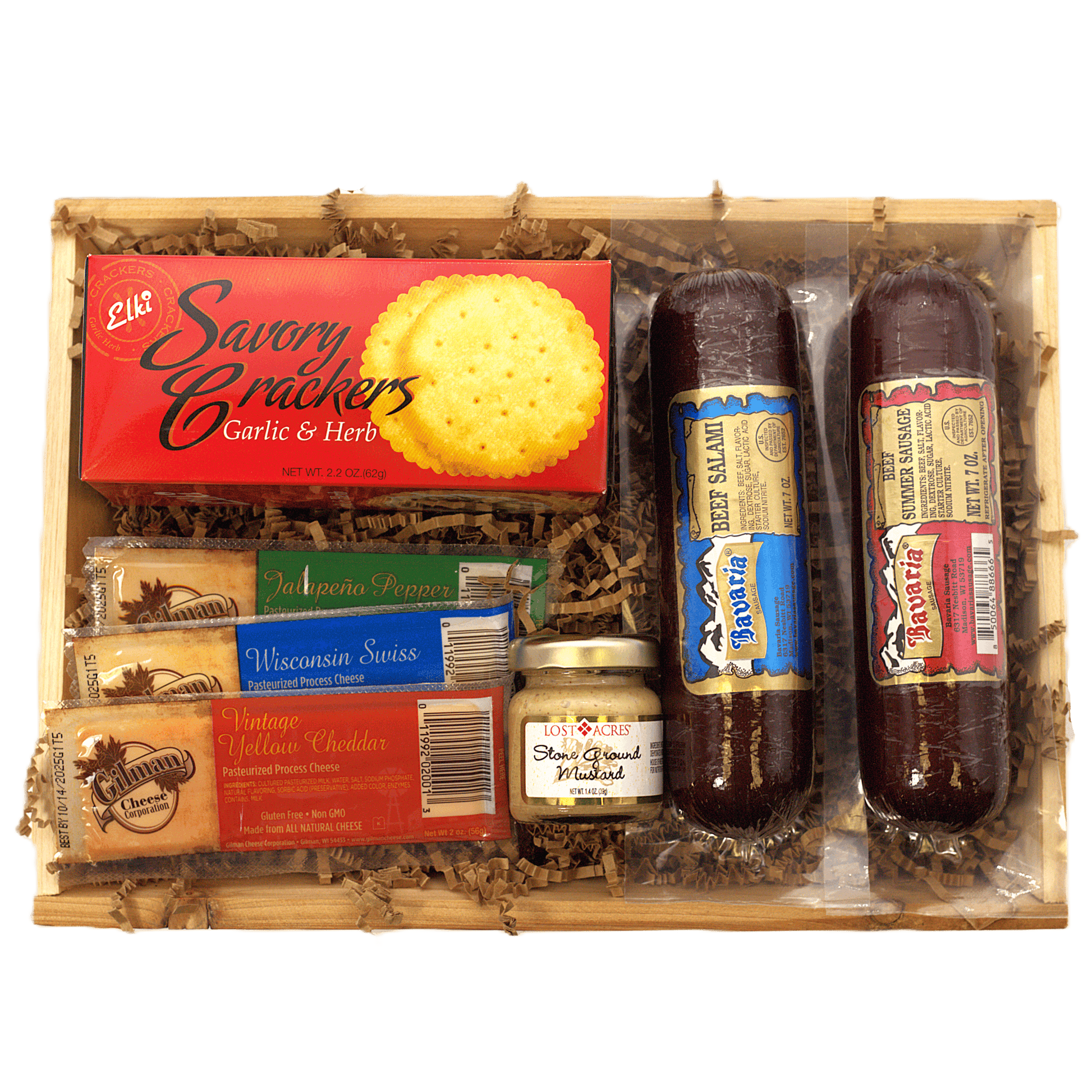 Rustic wooden meat and cheese gift crate with crackers, cheese boxes, and salami bottles