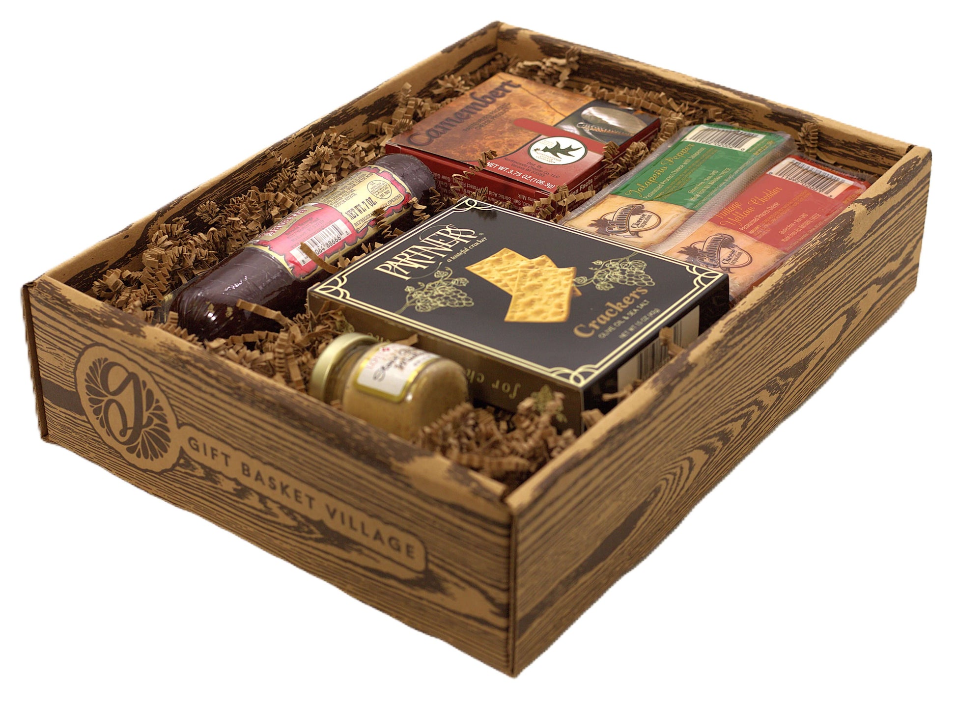 Wood gift basket filled with charcuterie items, crackers, cheese slices, and sausage.