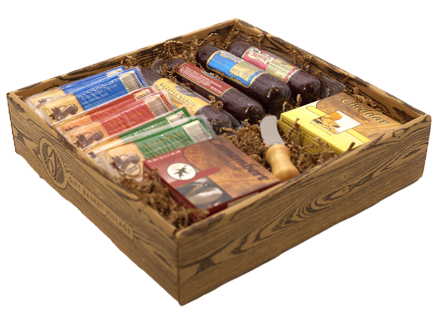 Wooden gift basket with assorted sausages, salami, cheeses, and crackers
