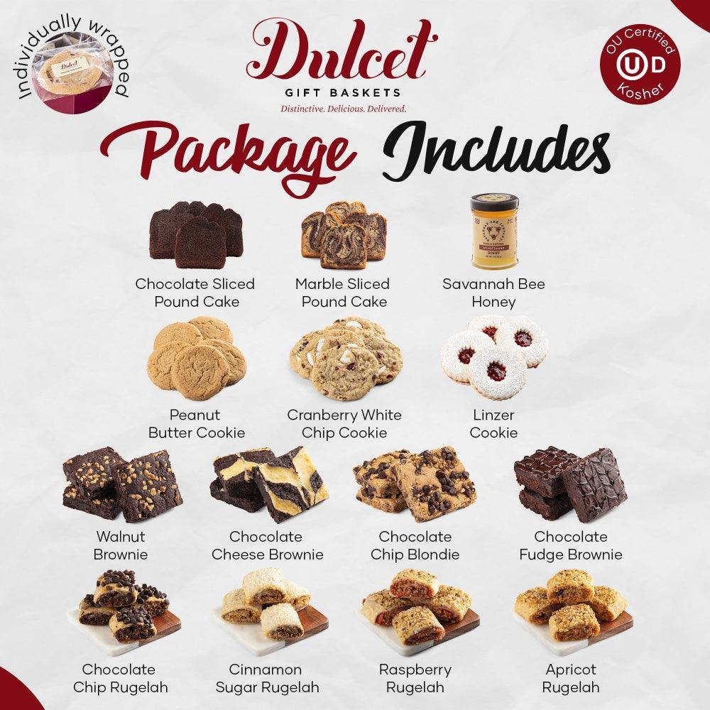 Deluxe Honey & Pastry Gift Tin “Package Includes” layout with cookies and honey pictured