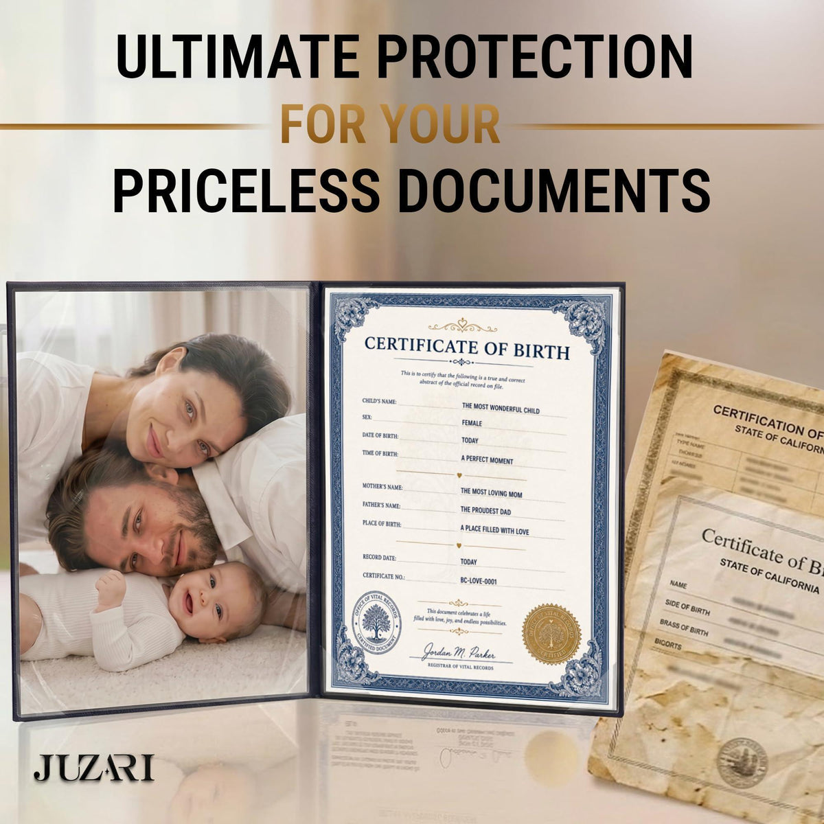 Black birth certificate holder with clear window displaying certificate documents