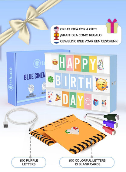 Blue LED light box gift set with markers, USB cable, and colorful letter tiles