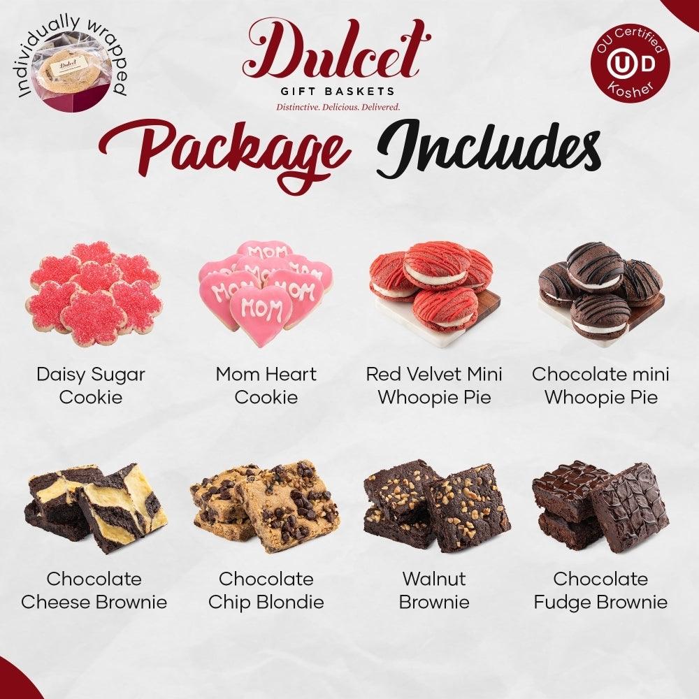 Package includes assorted Mother’s Day cookies, brownies, and whoopie pies