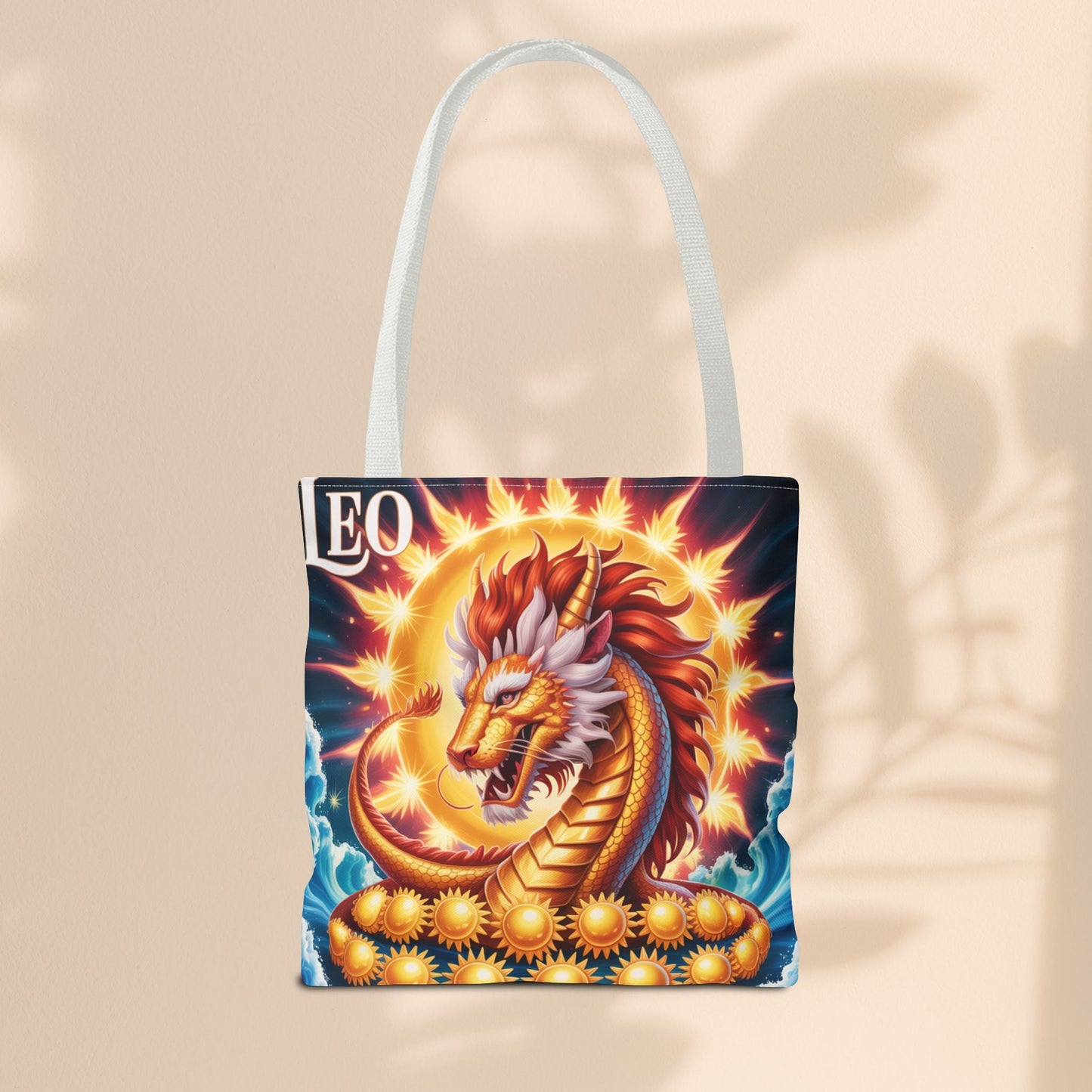 Leo Zodiac Tote Bag – Golden Dragon Sun Celestial Art | 3 Sizes | 5 Handle Colours | Leo Birthday Gift & Astrology Bag
