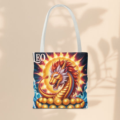 Leo Zodiac Tote Bag – Golden Dragon Sun Celestial Art | 3 Sizes | 5 Handle Colours | Leo Birthday Gift & Astrology Bag