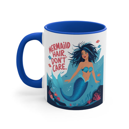 Mermaid Hair Don't Care Accent Mug – Wild Teal Mermaid Underwater Scene | 11oz White Ceramic Blue Green Pink or Red | Ocean Attitude Coffee Gift