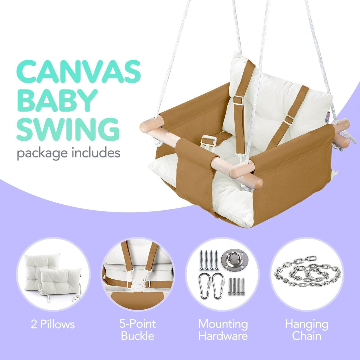 Canvas baby swing chair with tan seat, white cushions, safety belt, and hanging straps