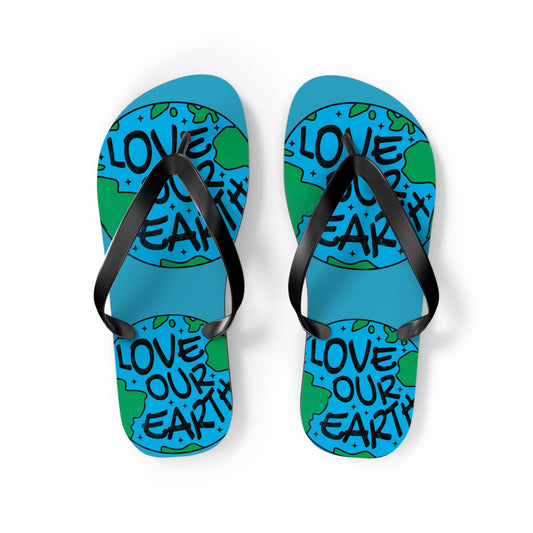Turquoise flip-flops with black straps and LOVE OUR EARTH graphic, top view