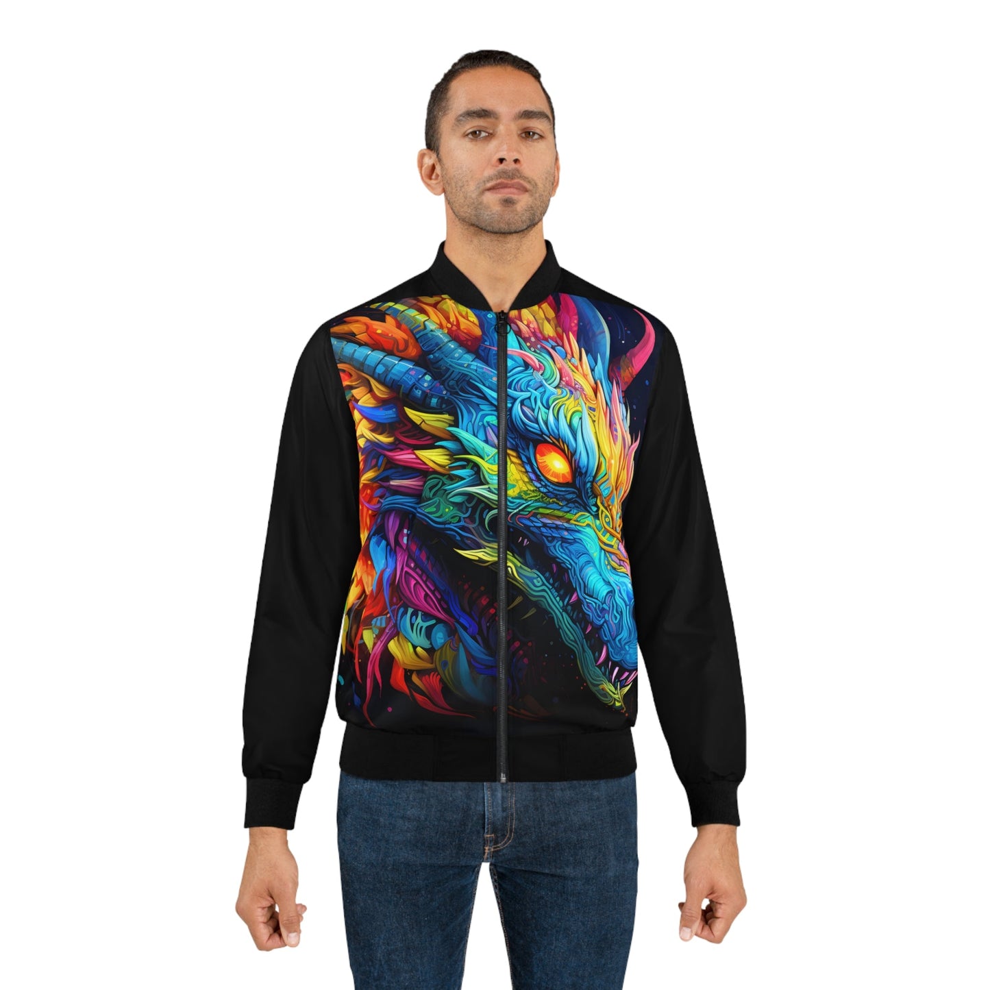 Neon Dragon Bomber Jacket - Psychedelic Multicolor Dragon on Black, Fantasy Festival Streetwear for Men and Women XS to 5XL