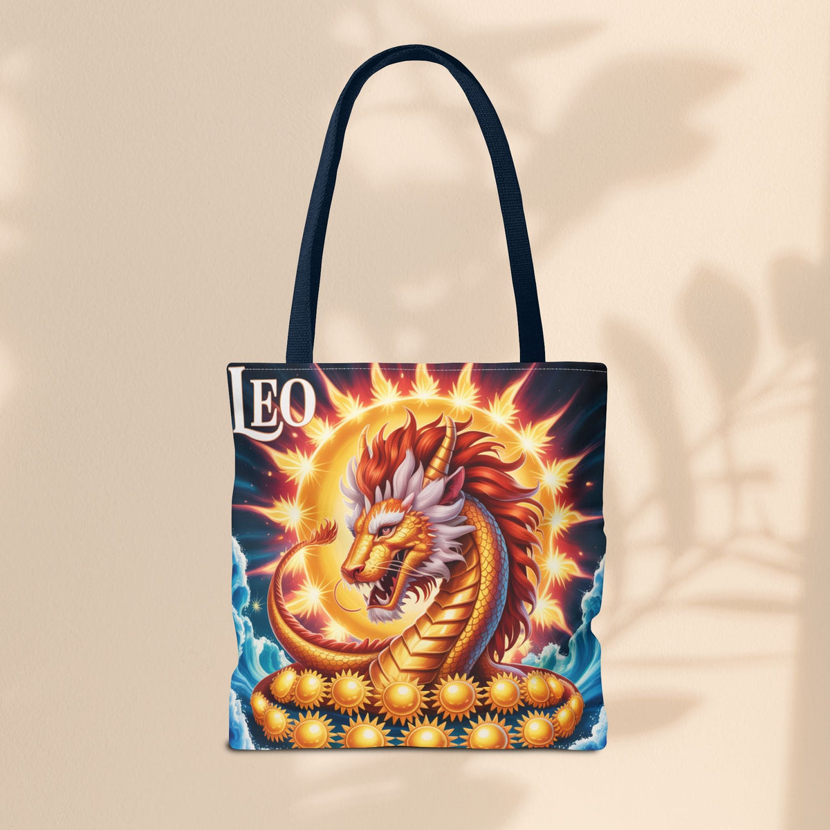Leo Zodiac Tote Bag – Golden Dragon Sun Celestial Art | 3 Sizes | 5 Handle Colours | Leo Birthday Gift & Astrology Bag