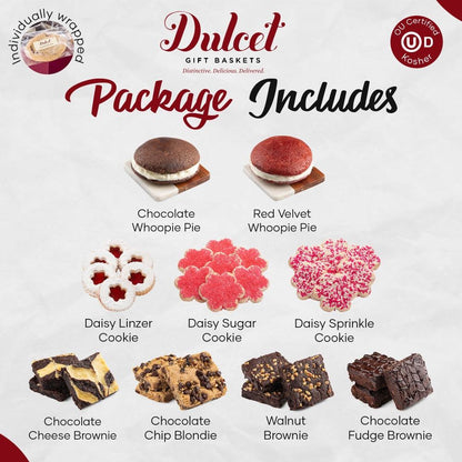 Gift package includes Red Velvet whoopie pie, Daisy cookies, and brownies in assorted flavors