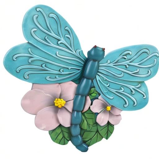 Teal blue dragonfly shaped cast resin stepping stone with embossed wings and flowers