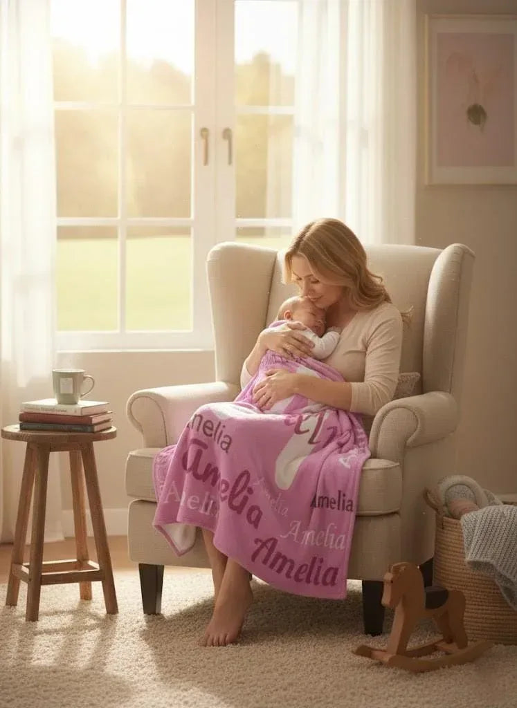 Your Letter and Name - Personalized Name Blanket: Pink & White Flannel Fleece Throw - Dream Dragons