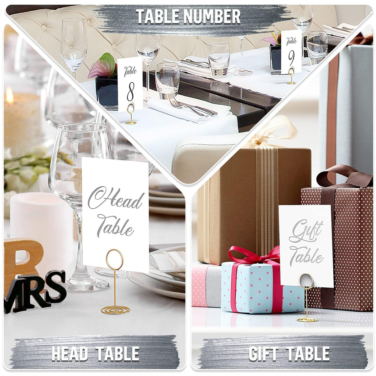 Gold foil calligraphy table cards with fold stands, including 'Head Table' and 'Gift Table'