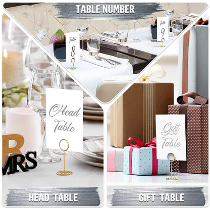 Gold foil calligraphy table cards with fold stands, including 'Head Table' and 'Gift Table'