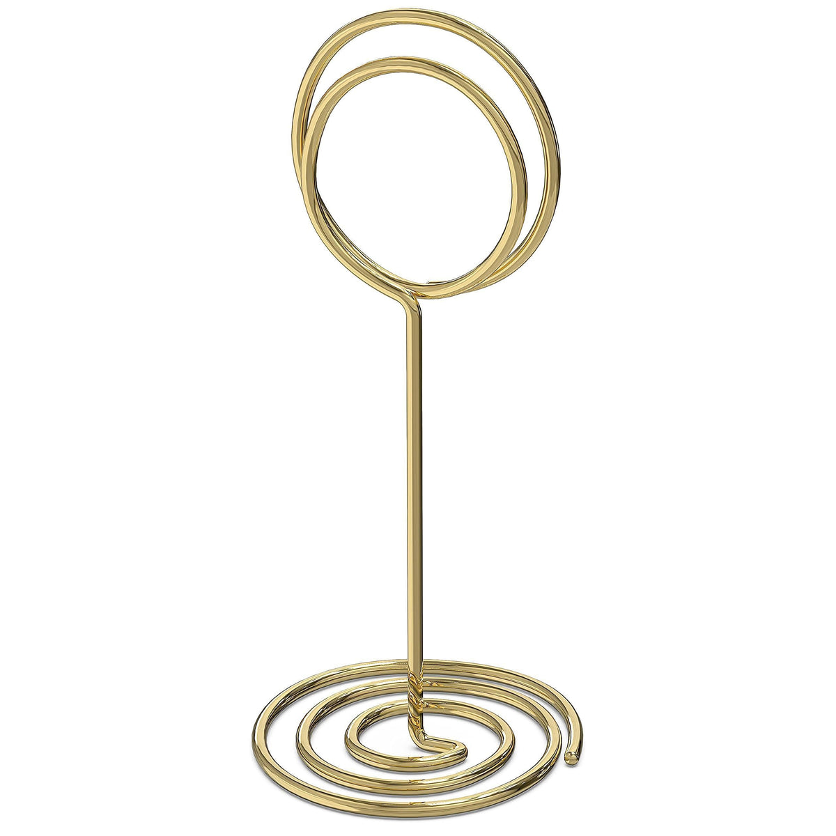 Gold metal table number holder stand with oval card clip and spiral base
