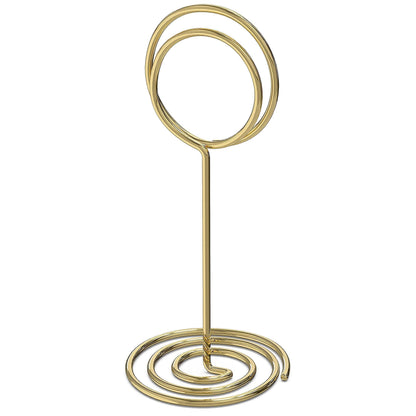 Gold metal table number holder stand with oval card clip and spiral base