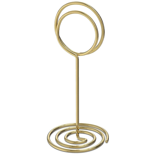 Gold metal table number holder stand with oval card clip and spiral base