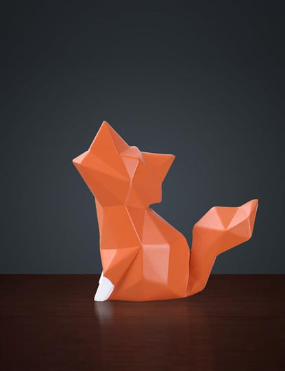 Geometric Fox Figurine - Hand-Painted Red and White Polyresin Animal Sculpture for Desk, Shelf, Bookcase, and Home Decor