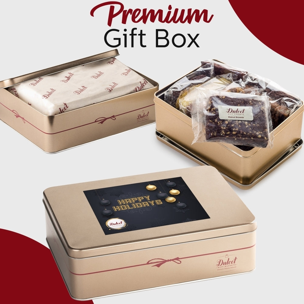 Premium Gift Box with tin and Birthday card, wrapped brownie and greeting insert