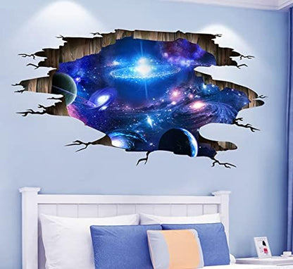 3D Cosmic Galaxy Wall Decals – New Galaxy Blue Space Wall Stickers | Milky Way Planet Mural | 4 Sheets | Boys Bedroom & Kids Room Decor