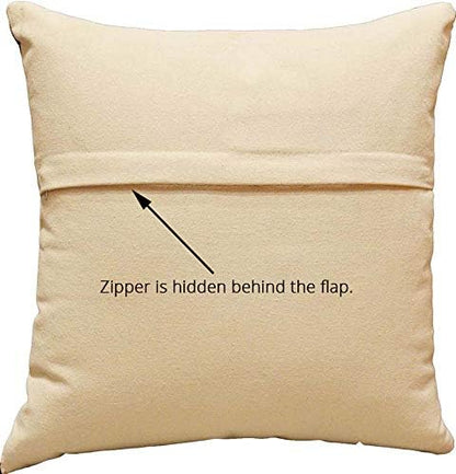 Beige pillow cover with fold-over flap showing a hidden zipper behind the flap.